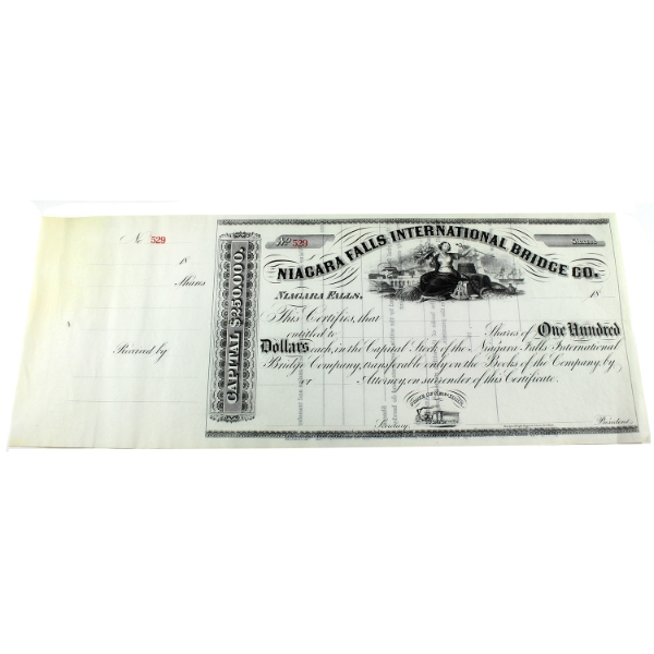 1855-1896 Niagara Falls International Bridge Co. $100 Stock Share #529, Unused!