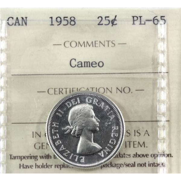 25-cent 1958 ICCS PL65 Cameo