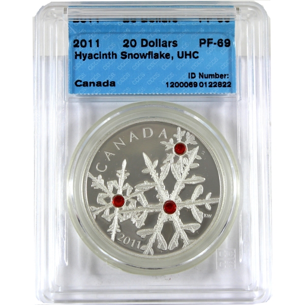 2011 $20 Small Crystal Snowflake (Hyacinth) 1oz .9999 Fine Silver Coin CCCS PF69 UHC (Tax Exempt)