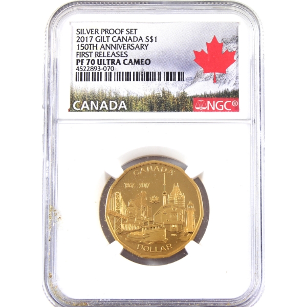 Silver $1 2017 150th Anniversary First Releases NGC PF70 Ultra Cameo, Gold Plated