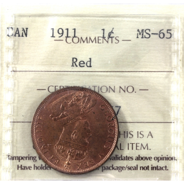 1-cent 1911 ICCS MS65 Red