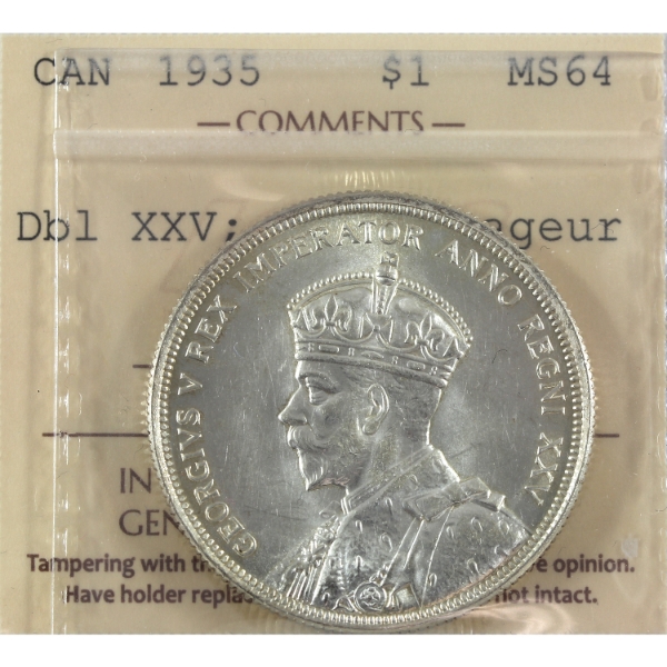 Silver $1 1935 Dbl XXV; Dbl Voyageur ICCS MS64