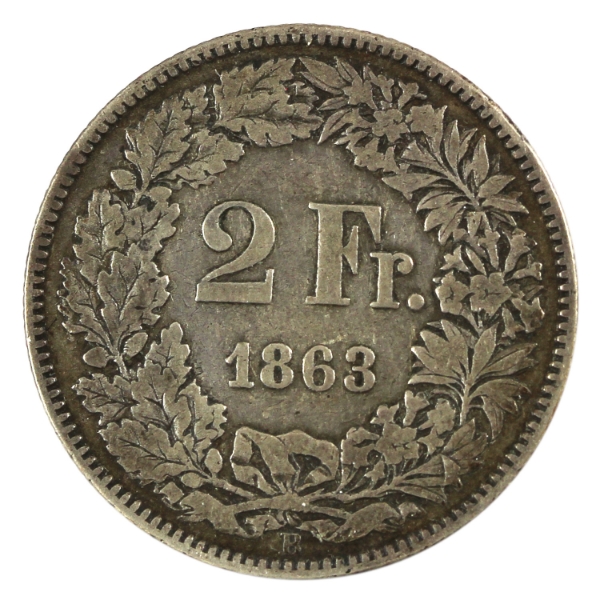 Switzerland Silver 1863B 2 Francs VF