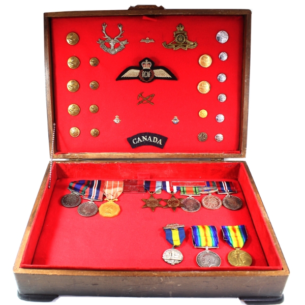 Canada WWI-WWII-ND Medals w/ Ribbons, RCAF Insignia & Pins ISSUED TO the Reid Family in Wooden Case