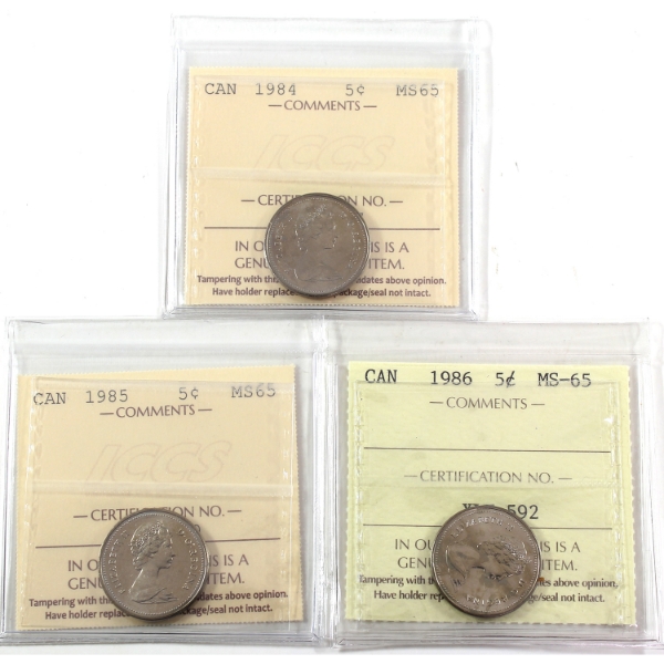 5-cent 1984, 1985, & 1986 ICCS MS65. 3pcs.