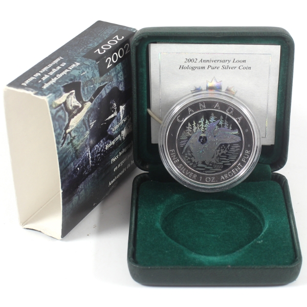 2002 $5 15th Anniversary of the Loon 1oz .9999 Fine Silver Holographic Coin (Tax Exempt)