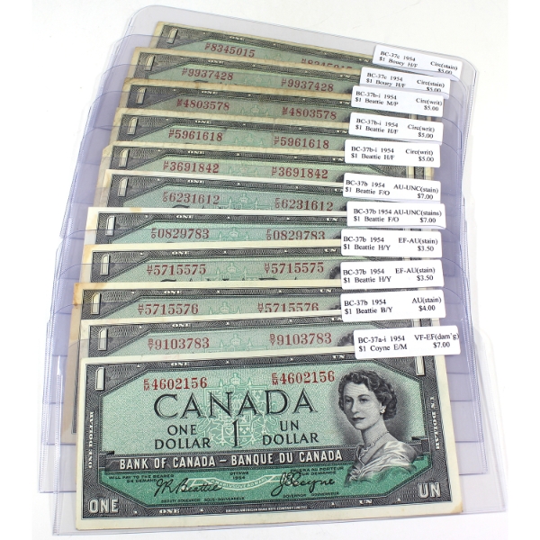 Bulk Lot of 11x 1954 $1 Banknotes Circ to AU-UNC. 11pcs.