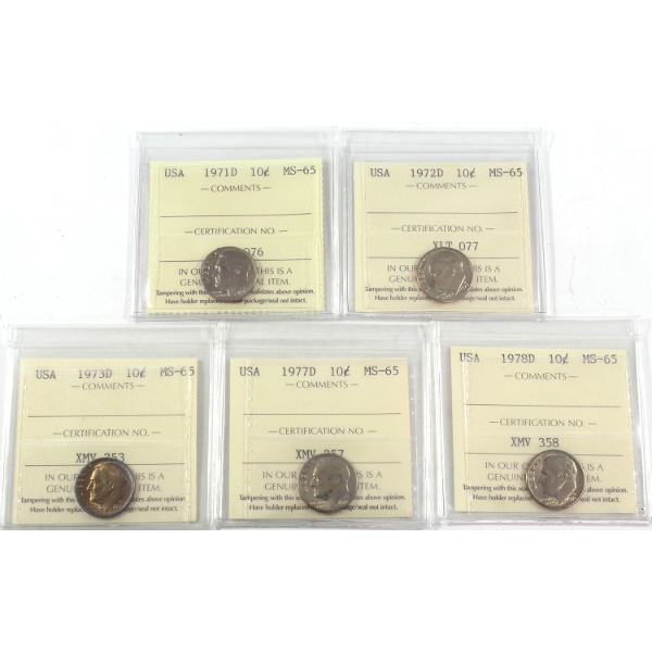 5x USA 1971D, 1972D, 1973D, 1977D, & 1978D Roosevelt Dimes ICCS MS65. 5pcs.