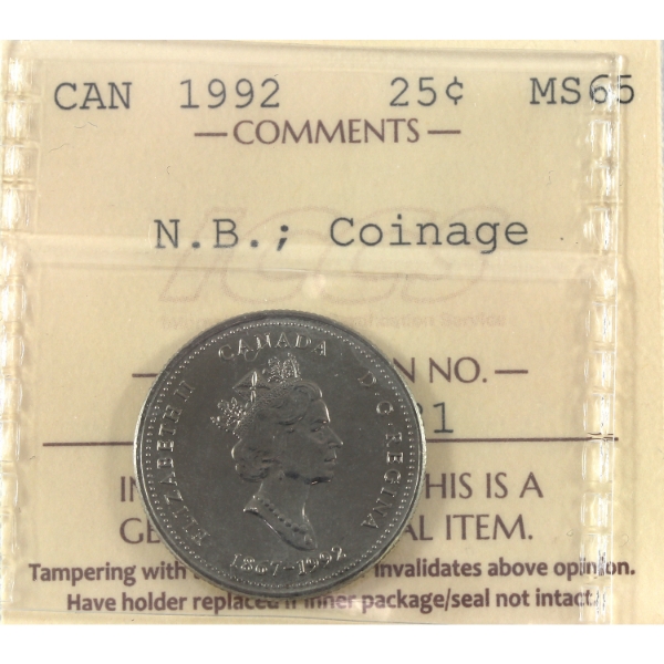 Error 25-cent 1992 New Brunswick; Coinage 180 Degree Rotation ICCS MS65