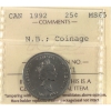Image 1 : ERROR 25-cent 1992 New Brunswick; Coinage 180 Degree Rotation ICCS MS65
