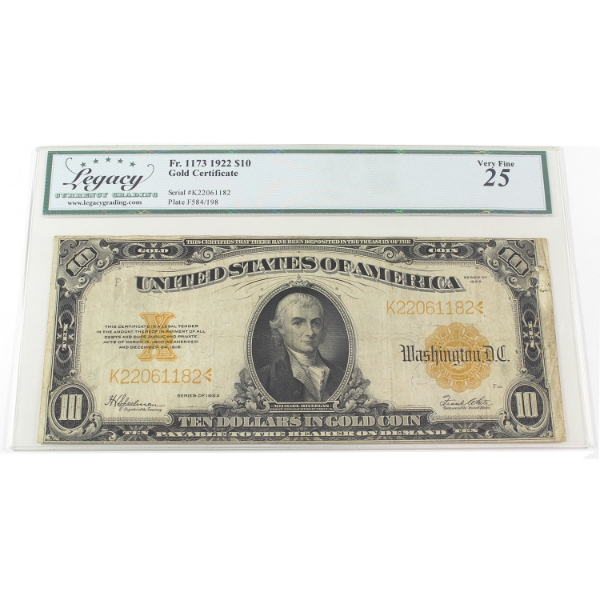 USA 1922 FR-1173 $10 Legacy VF25 Speelman-White Gold Certificate SN:K22061182