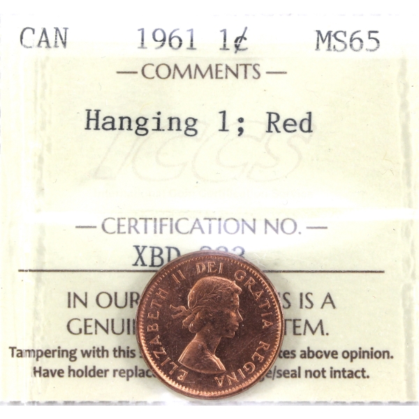 1-cent 1961 Hanging 1 ICCS MS65 Red