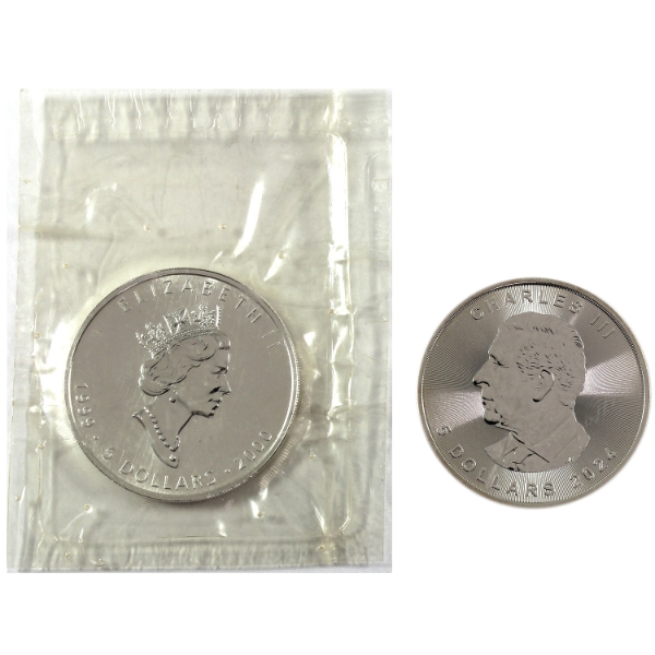 2x 1oz 1999-2000 & 2024 $5 Silver Maple Leaf .9999 Fine Silver Rounds w/ Privy Marks. 2pcs.