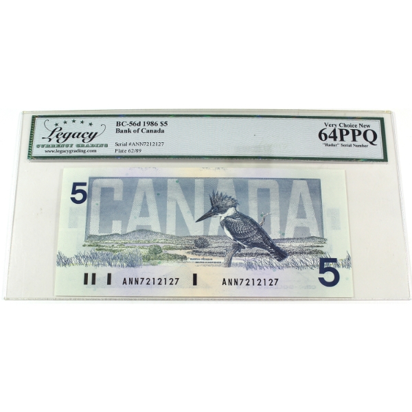 RADAR BC-56d 1986 $5 3-digit RADAR Legacy CUNC64 PPQ Knight-Thiessen SN:ANN7212127