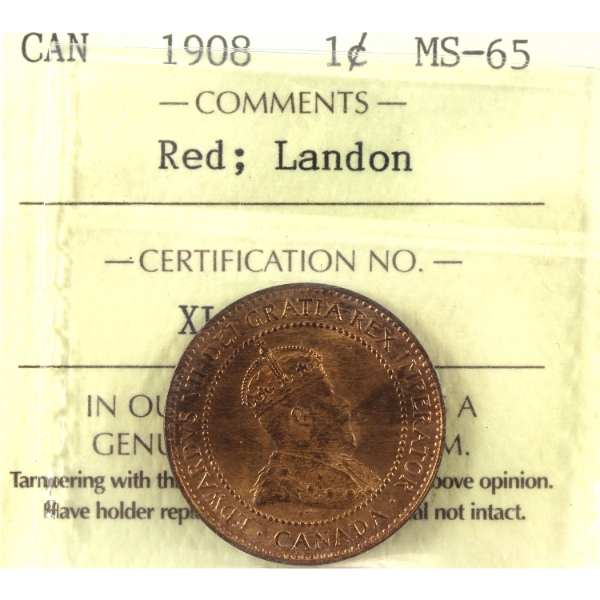 1-cent 1908 ICCS MS65 Red; Landon