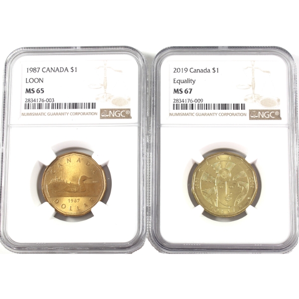 Loon $1 1987 MS65 & 2019 Equality MC67 NGC. 2pcs.