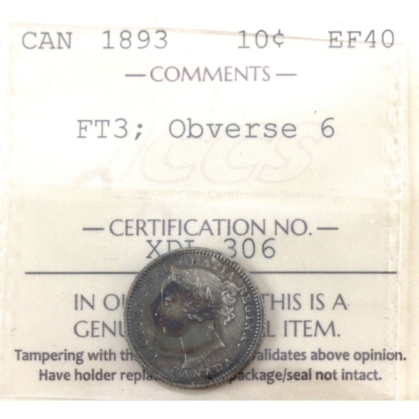 10-cent 1893 Flat Top 3, Obverse 6 ICCS EF40