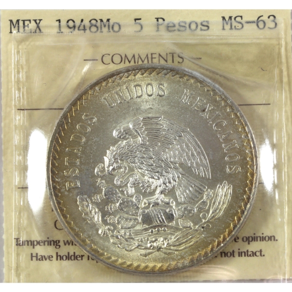 Mexico Silver 1948Mo 5 Pesos ICCS MS63