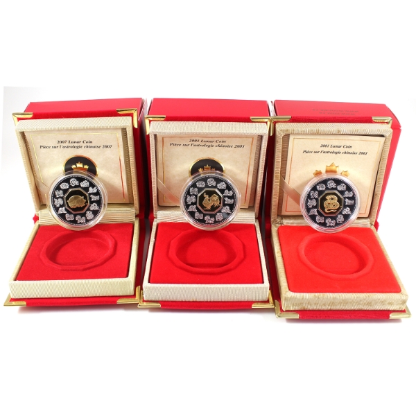 2001-2007 $15 Sterling Silver Lunar Coins w/ Gold Plated Cameos. 3pcs