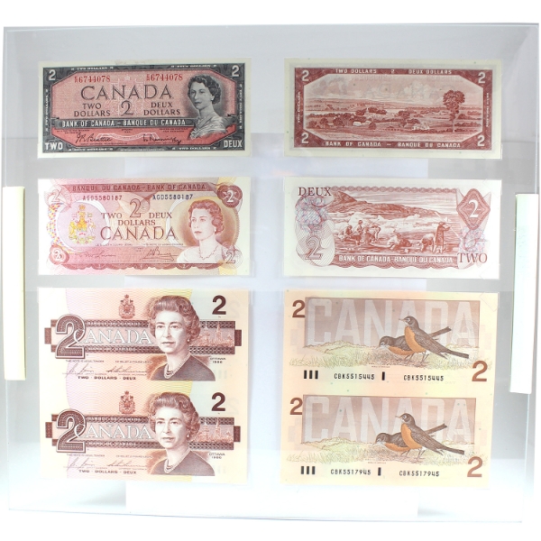 1954-1986 Canadian $2 Banknote Set in Plexiglass Frame