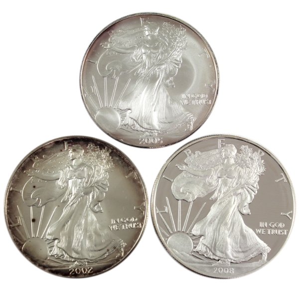 3x 1oz USA 2002, 2005 & 2008 Proof $1 Silver Eagles .999 Fine Silver Coins. 3pcs. (Tax Exempt)
