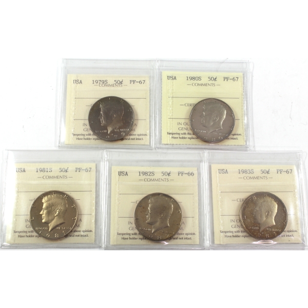5x USA 1979S, 1980S, 1981S, 1982S, & 1983S Kennedy Half Dollars ICCS PF67 UHC. 5pcs.