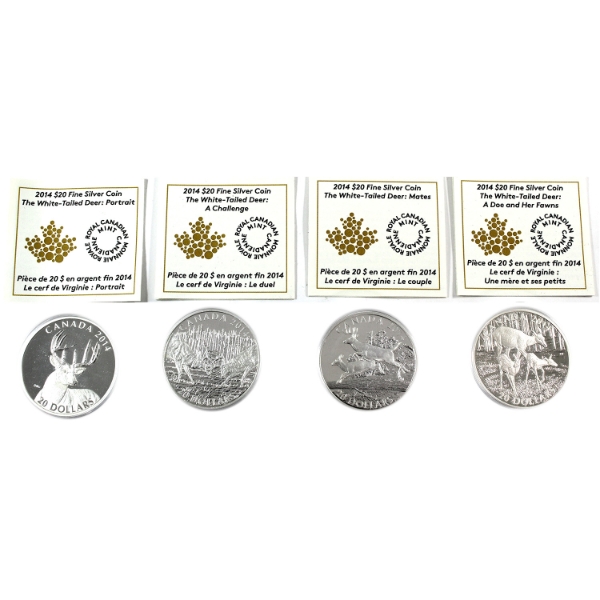 2014 $20 The White-Tailed Deer 1oz .9999 Fine Silver Coin Series. 4pcs. 
