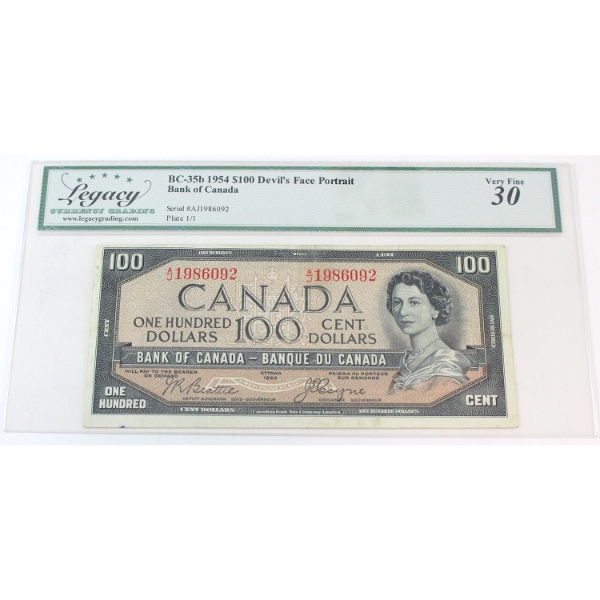BC-35b 1954 $100 Devil's Face Portrait Legacy VF30 Beattie-Coyne SN: AJ1986092 