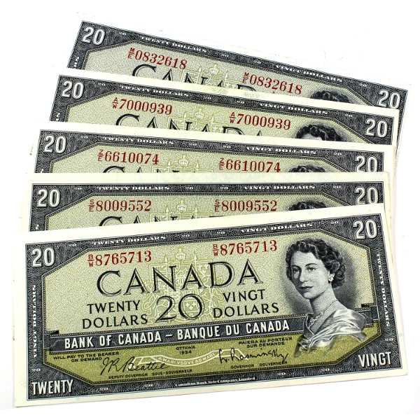 Group Lot of 1954 $20 Banknotes in Good Condition. 5pcs.