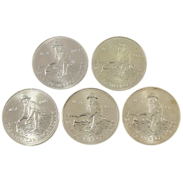 5x 1oz Engelhard 1982-1985 "The American Prospector" .999+ Silver Rounds. 5pcs. (Tax Exempt)