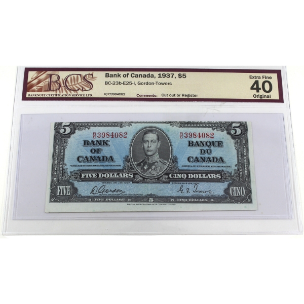 ERROR BC-23b-E25-i 1937 $5 Cut Out Of Register Error BCS EF40 Original Gordon-Towers SN: R/C3984082