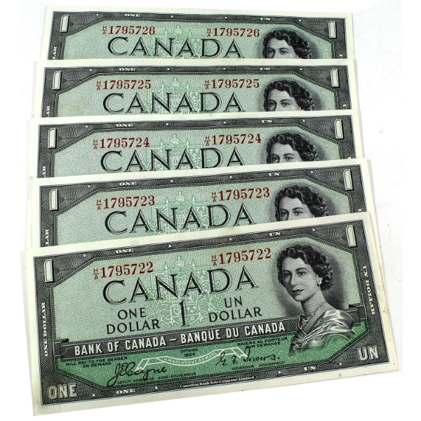BC-29a 1954 $1 Devil's Face Consecutive Notes in Sequence UNC or Better Coyne-Towers. 5pcs