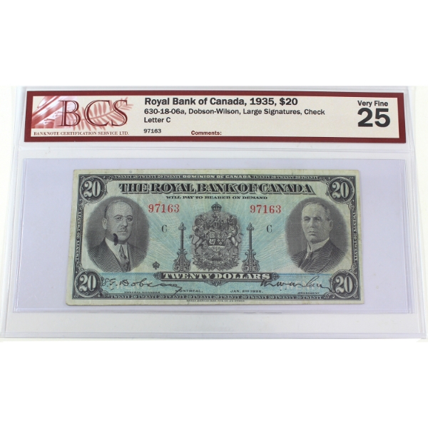 630-18-06a 1935 $20 Royal Bank of Canada BCS VF25 Dobson-Wilson Large Signatures Check Letter C
