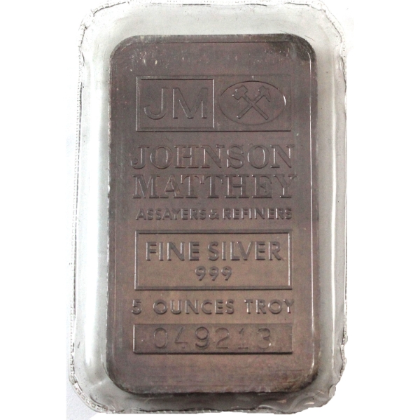 5oz Johnson Matthey .999 Fine Silver Bar (Sealed) with 7 JM Logo Reverse Serial# 049213 (Tax Exempt)