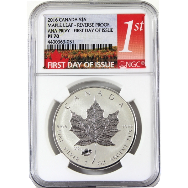 2016 $5 Reverse Proof Silver Maple Leaf w/ ANA Privy First Day of Issue NGC PF70 (Tax Exempt)