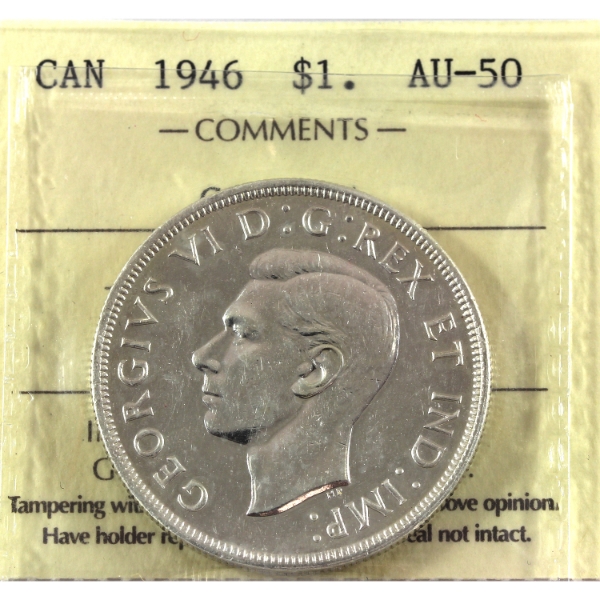 Silver $1 1946 ICCS AU50 (cleaned)