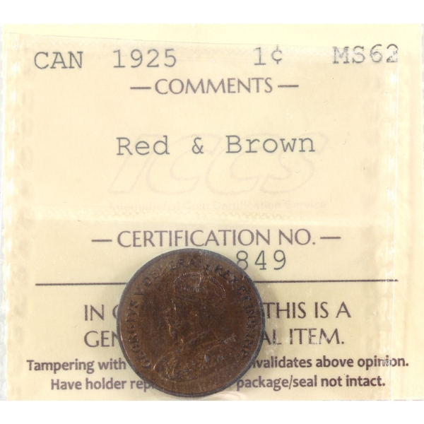 1-cent 1925 ICCS MS62 Red & Brown