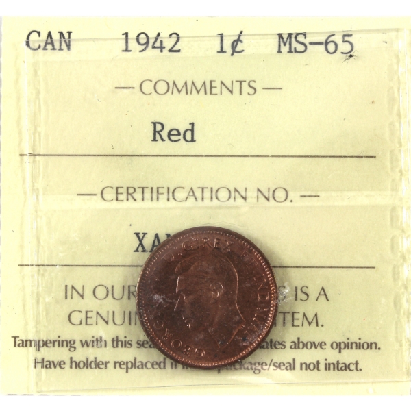 1-cent 1942 ICCS MS65 Red