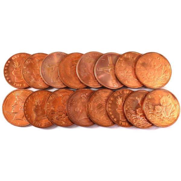 16x 1oz Assorted .999 Fine Copper Rounds. 16pcs.