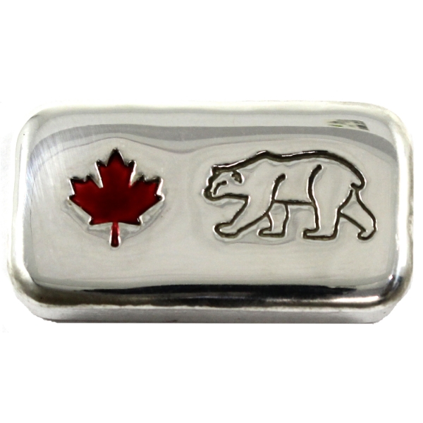 3oz Rocky Shore Silver Co. Bear w/ Enameled Red Maple Leaf .999 Fine Silver (Tax Exempt)