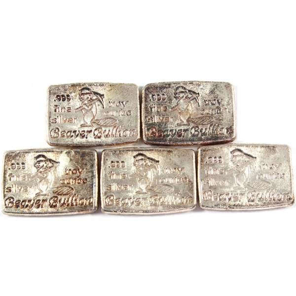 5x 1oz Beaver Bullion .999 Fine Silver Bars. 5pcs. (Tax Exempt)
