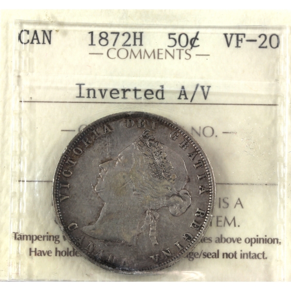 50-cent 1872H Inverted A/V ICCS VF20
