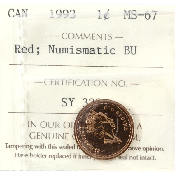 1-cent 1993 ICCS MS67 Red, NBU