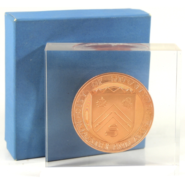 1985 City of Stratford Festive Theatre- Industry & Arts Bronze 43mm Medallion in Lucite Holder