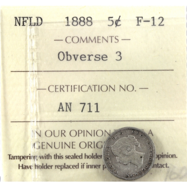 Newfoundland 5-cent 1888 Obv 3 ICCS F12