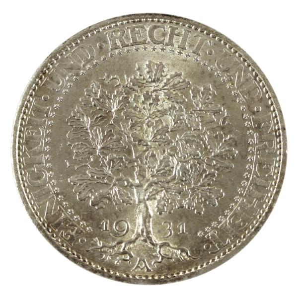 Germany-Weimar Republic Silver 1931A 5 Reichsmark Oak Tree Choice BU