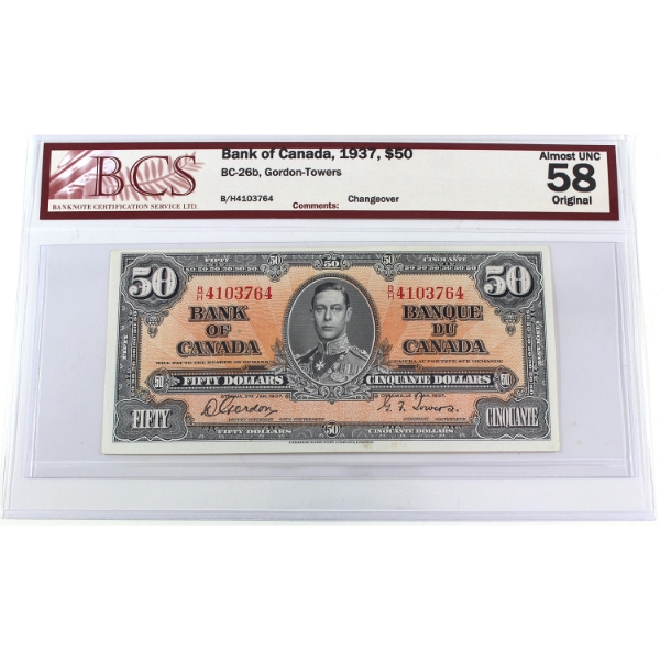 BC-26b 1937 $50 BCS AU58 Original Gordon-Towers Changeover SN: B/H4103764