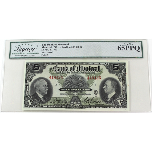 505-60-02 1935 $5 Bank of Montreal Legacy GEM UNC65 PPQ Bog-Gordon SN: 449425 Check Letter B