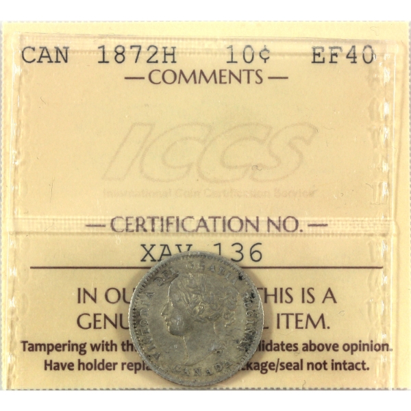 10-cent 1872H ICCS EF40 (Toned)