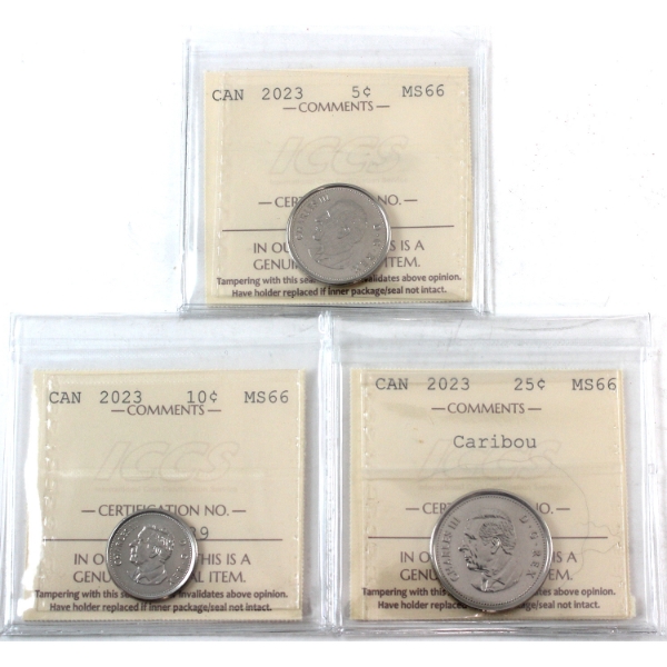 5-cent, 10-cent & 25-cent Caribou 2023 ICCS MS66. 3pcs. 